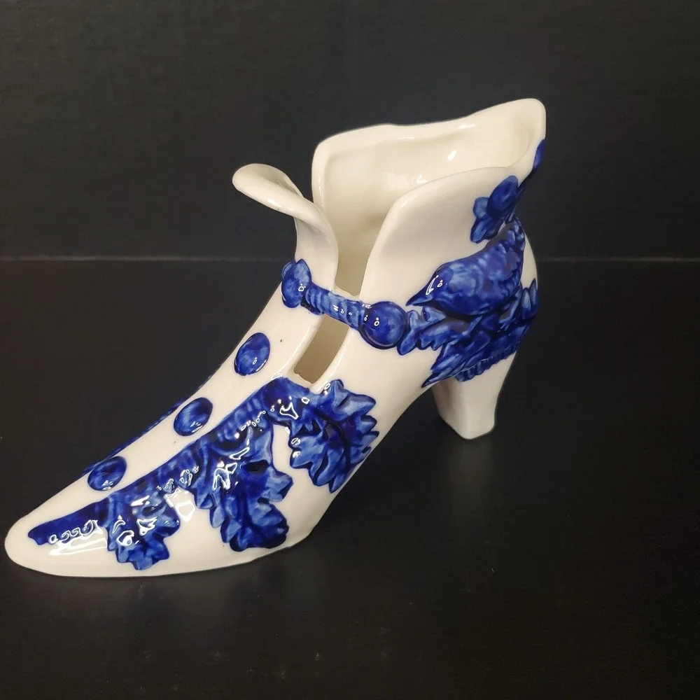 Vintage Victorian Shoe Delft Style Ceramic Planter Boot Décor Blue Bird On White